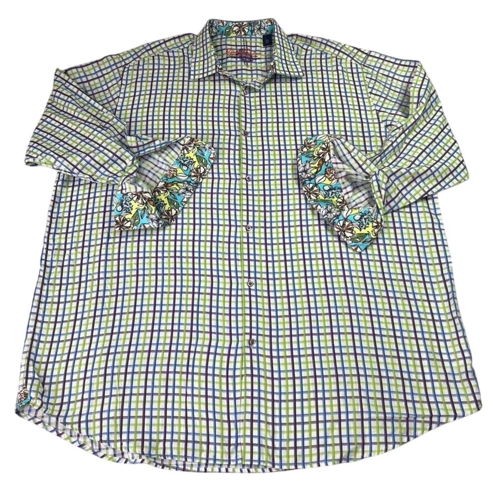 Robert Graham Dress Shirt Mens 3XL Green Purple Plaid Flip Cuff Embroidered